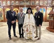 (Greek Orthodox Church of Greater Salt Lake) Archons Kostas Katsohirakis, Dr. Demetrios Skedros and George Pappas, pictured with the Rev. Archimandrite Father George Nikas, upon return to Salt Lake City at Holy Trinity Cathedral in the weeks after the Archon investiture.