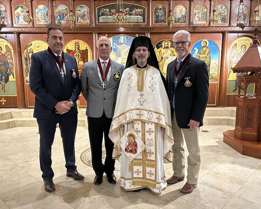 (Greek Orthodox Church of Greater Salt Lake) Archons Kostas Katsohirakis, Dr. Demetrios Skedros and George Pappas, pictured with the Rev. Archimandrite Father George Nikas, upon return to Salt Lake City at Holy Trinity Cathedral in the weeks after the Archon investiture.