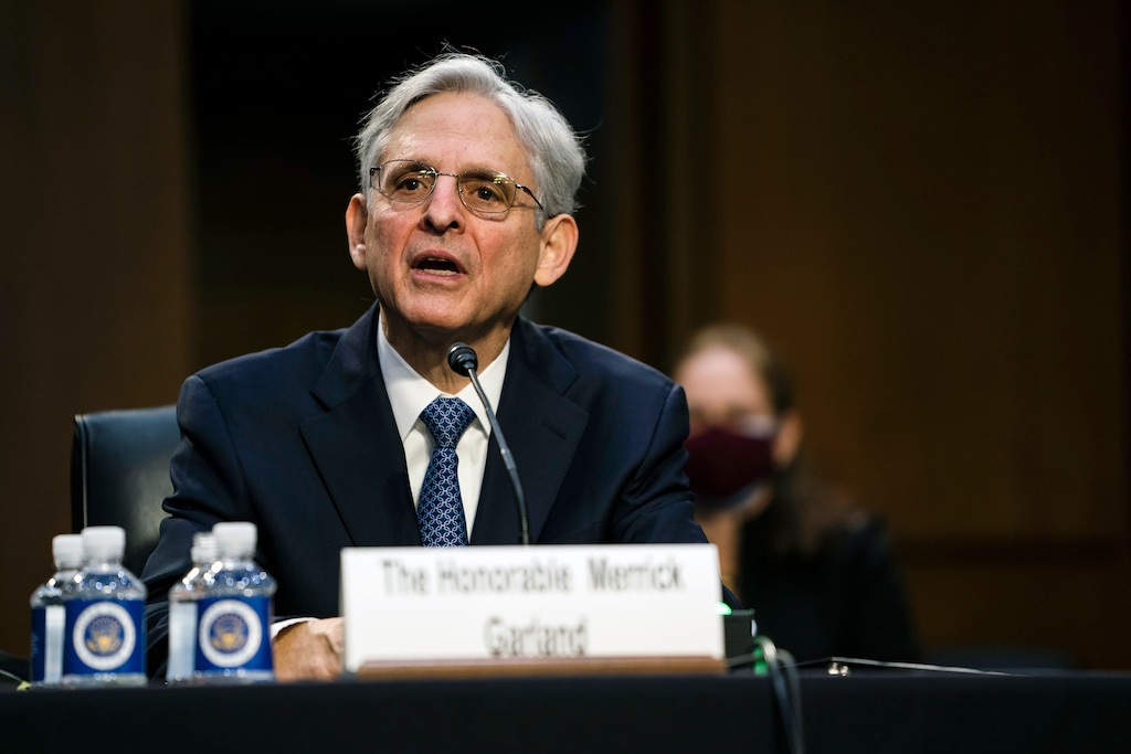 (Demetrius Freeman | The Washington Post via AP pool) Judge Merrick Garland, nominee to be Attorney General, testifies at his confirmation hearing before the Senate Judicary Committee, Monday, Feb. 22, 2021, on Capitol Hill in Washington.