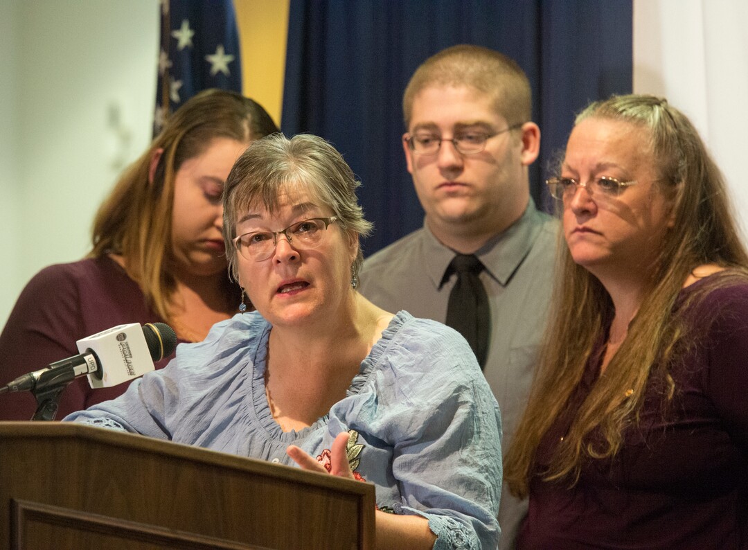 (Rick Egan  |  The Salt Lake Tribune) Jeanne Long, sister of homicide victim Valerie Sue Brantzeg, is accompanied by family members at a press conference at the Salt Lake County Sheriff's office, Friday, Sept. 7, 2018. Formal charges have been filed against Walter Eugene Brantzeg, Valerie's estranged husband, in her death.