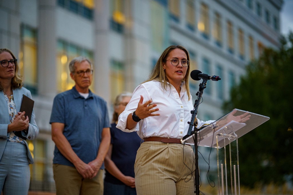 (Trent Nelson | The Salt Lake Tribune) Elizabeth Rasmussen of Better Boundaries speaks at a news conference in Salt Lake City on Monday, Aug. 25, 2025. Rasmussen is a critic of Amendment B, which would make it more difficult for ballot measures that involve tax increases to become law.