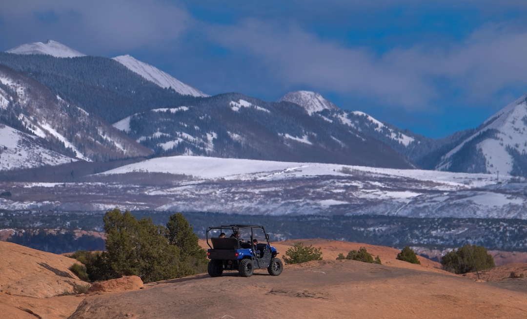 (Leah Hogsten | The Salt Lake Tribune) An off-road utility terrain vehicle (UTV) motors up Fins & Things 4x4 Trail at the Sand Flats Recreation Area trail, located just 4 miles from downtown Moab, Feb. 19, 2021.
