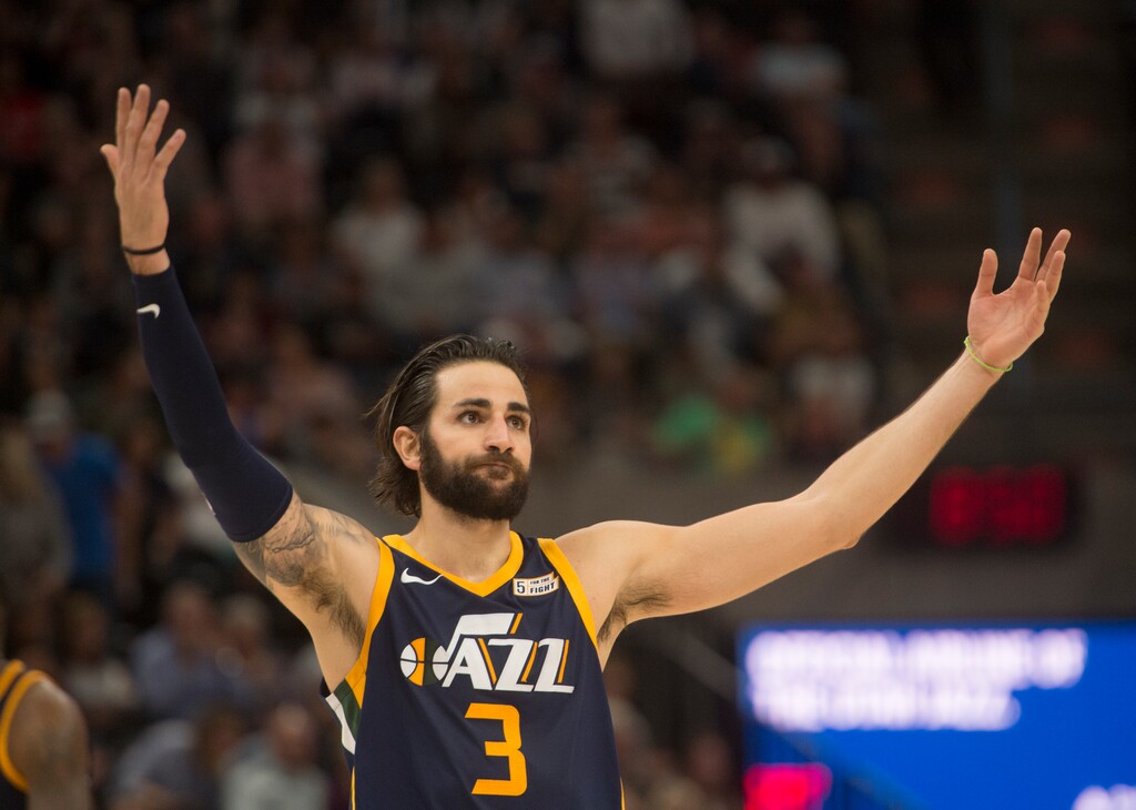 (Rick Egan  |  The Salt Lake Tribune) Utah Jazz guard Ricky Rubio (3) reacts after putting Utah ahead by 13 on a 3-point-shot, in NBA action Utah Jazz vs. Dallas Mavericks, in Salt Lake City, Monday, October 30, 2017.