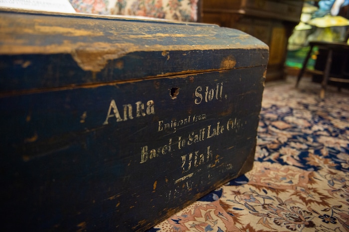 (Rachel Molenda  |  The Salt Lake Tribune)  The trunk of an emigrant at Anthony's Fine Art in Salt Lake City, on Thursday, July 19, 2018. The shop has a collection of early pioneer art and furniture on display.