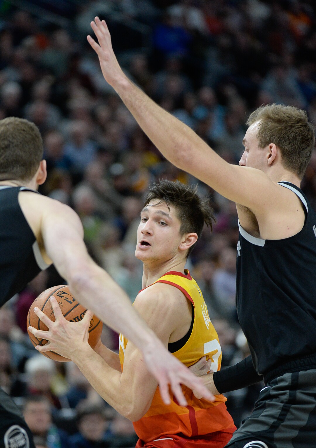 (Francisco Kjolseth  |  The Salt Lake Tribune)  Utah Jazz guard Grayson Allen (24) is pressured by the Pistons in the first half of their NBA game at Vivint Smart Home Arena Monday, Jan. 14, 2019, in Salt Lake City.