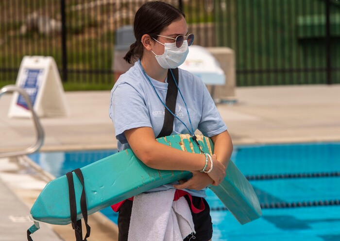 (Rick Egan  |  The Salt Lake Tribune)       Jessie Moskowitz works as a lifeguard at the Cottonwood Heights Recreation Center, Saturday, May 16, 2020.