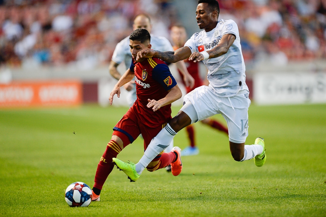 (Francisco Kjolseth  |  The Salt Lake Tribune)  Real Salt Lake forward Jefferson Savarino (7) battles Los Angeles FC midfielder Mark-Anthony Kaye (14) as Real Salt Lake hosts Los Angeles FC at Rio Tinto Stadium in Sandy on Saturday, Aug. 17, 2019.