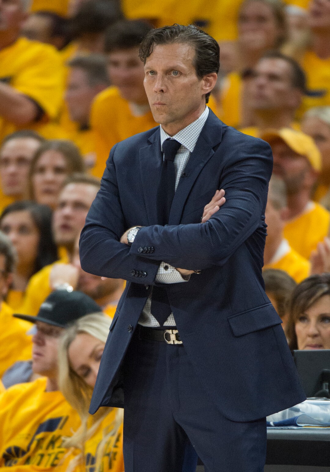 (Rick Egan  |  The Salt Lake Tribune)     Utah Jazz head coach Quin Snyder watches as Oklahoma City Thunder extends their lead in the second quarter, in playoff action in game 6, between Utah Jazz and Oklahoma City Thunder in Salt Lake City, Friday, April 27, 2018.