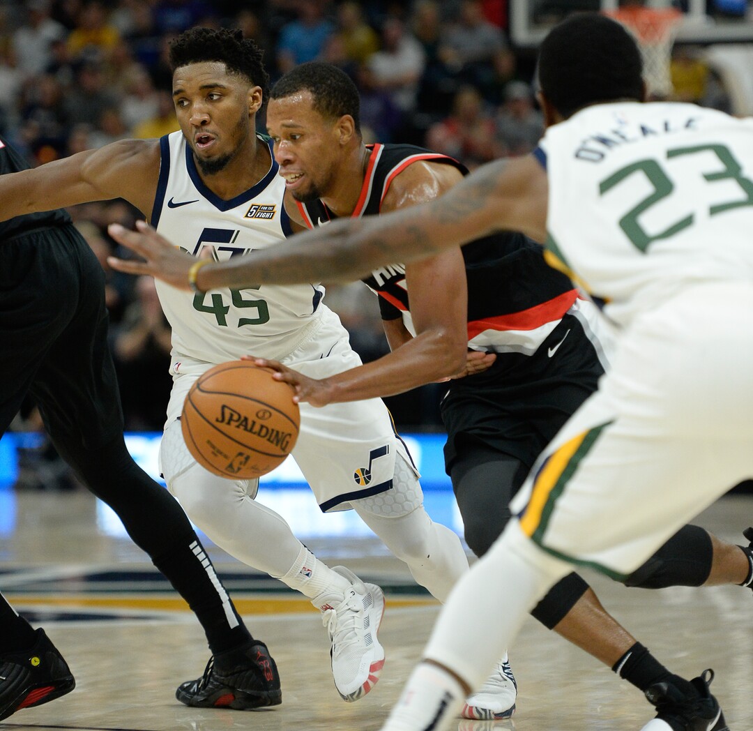 (Francisco Kjolseth  |  The Salt Lake Tribune)  Former Jazz player Portland Trail Blazers guard Rodney Hood (5) tries to push past the Jazz as the Utah Jazz host the Portland Trailblazers in their NBA basketball game at Vivint Smart Home Arena in Salt Lake City on Wed. Oct. 16, 2019.