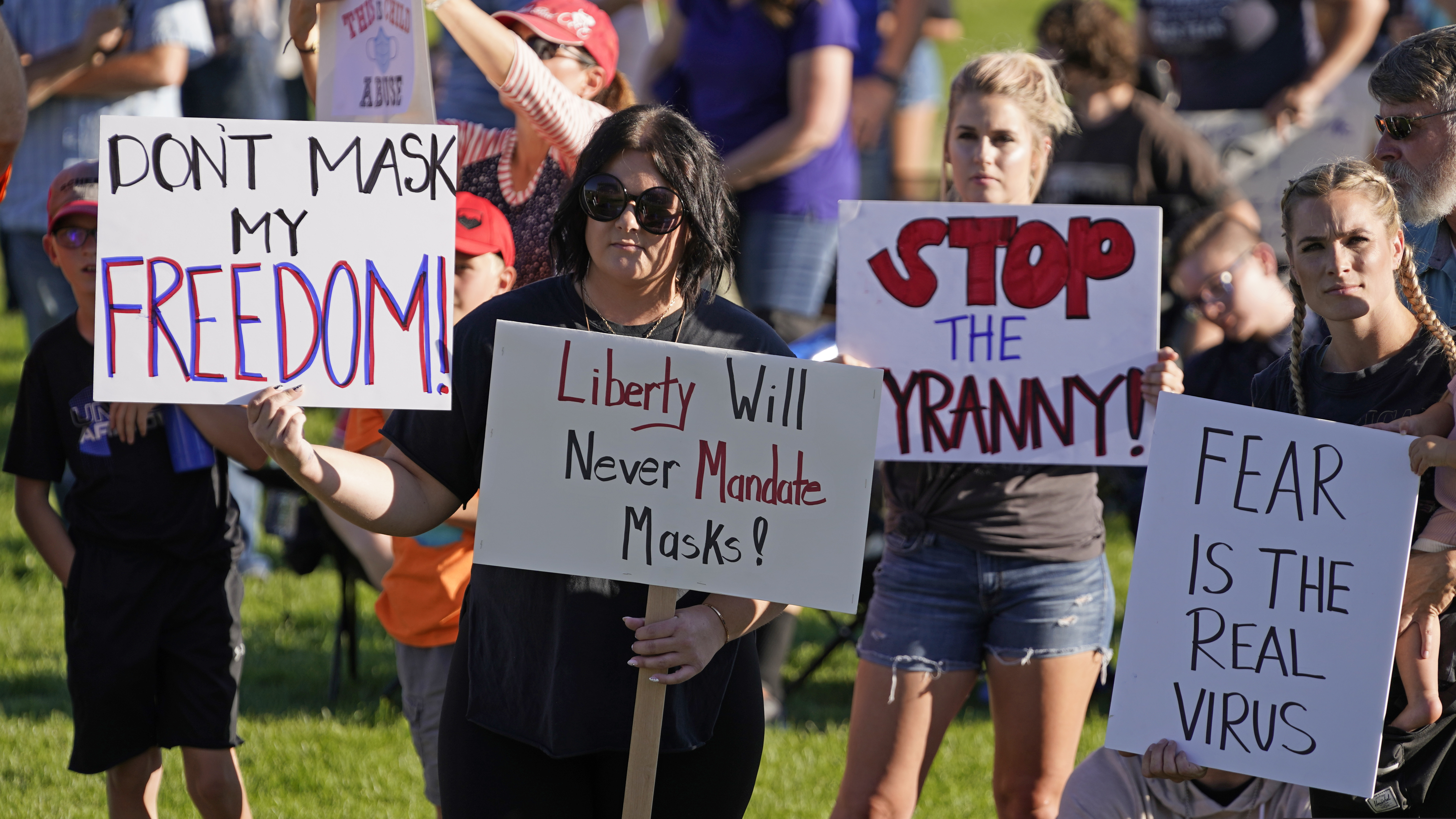 (Rick Bowmer | AP photo)

In this Sept. 5 photo, people gather during a "Trash Your Mask Protest" rally hosted by the Utah Business Revival at the Utah State Capitol in Salt lake City.