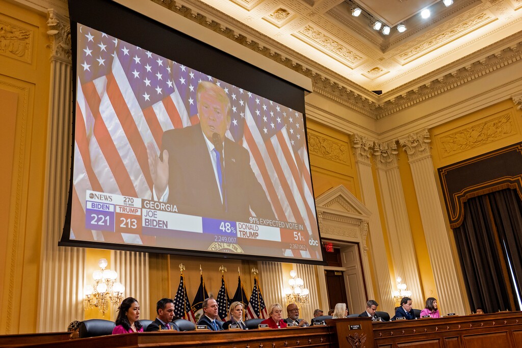 (Jason Andrew | The New York Times)
A video of former President Donald Trump speaking is displayed during the second day of the hearing held by the House committee investigating the Jan. 6, 2021 attack on the Capitol, in Washington on Monday, June, 13, 2022.