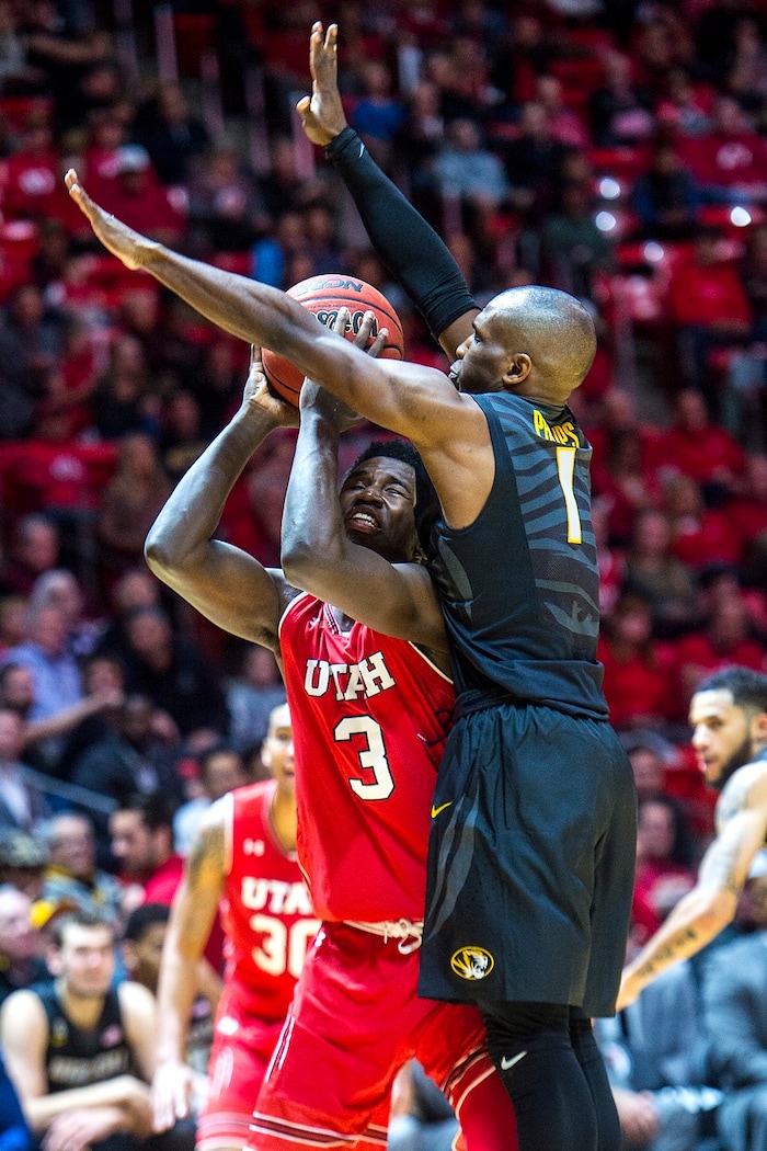 (Chris Detrick  |  The Salt Lake Tribune)  Missouri Tigers guard Terrence Phillips (1) guards Utah Utes forward Donnie Tillman (3) during the game at the Jon M. Huntsman Center Thursday, November 16, 2017.   