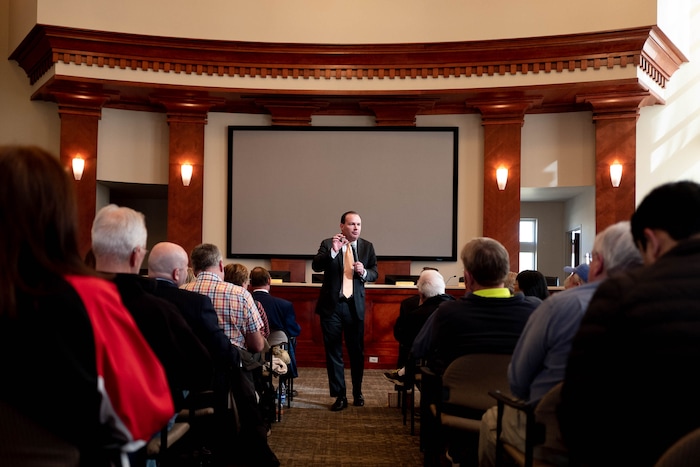 (Trent Nelson  |  The Salt Lake Tribune) Sen. Mike Lee answers questions at a town hall in Draper on Wednesday, Feb. 19, 2020.