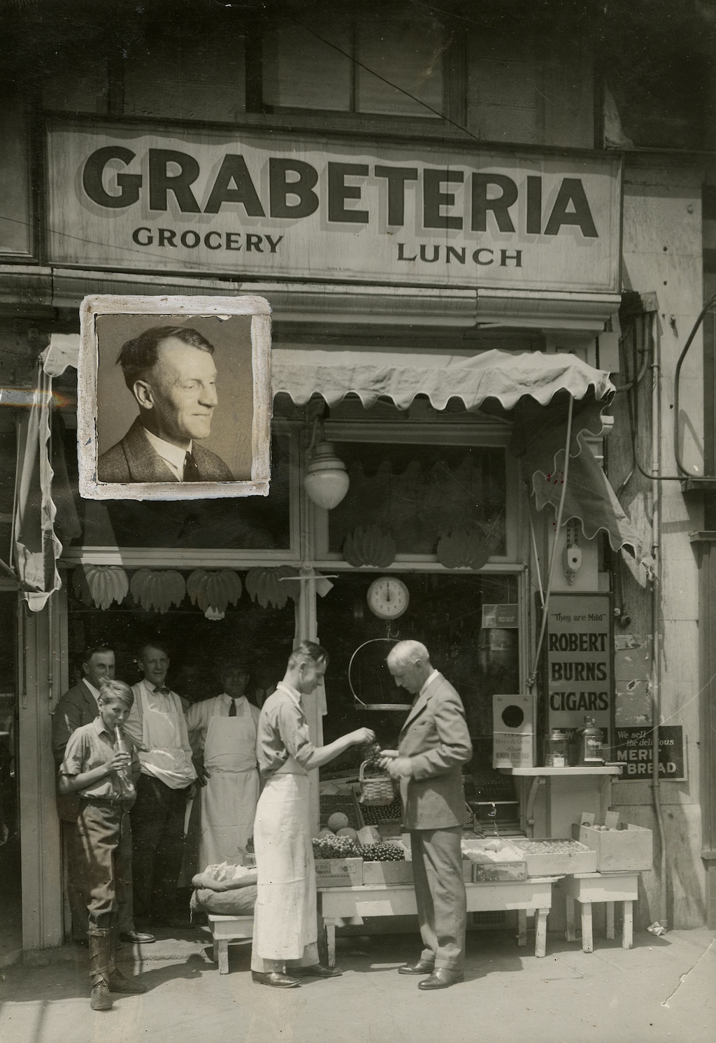 Photo courtesy of the Special Collections Department at the J. Willard Marriott Library at the University of Utah.
In a circa 1925 image created for the Western Confectioner, a clerk at the Grabeteria is selling fruit to William M. McConakay, manager of the McConakay Jewelry Co. of Salt Lake City. Art Davis, manager of the Grabeteria, is seen in the doorway, with the short apron.