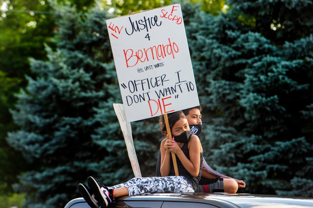 (Rick Egan  |  The Salt Lake Tribune)    Anthony and Adriana Palacios join protesters at the Salt Lake Public Safety Building during a Justice for Bernardo protest on Wednesday, June 24, 2020.