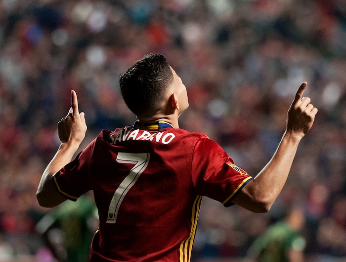 (Michael Mangum  |  Special to the Tribune)  Real Salt Lake forward Jefferson Savarino (7) celebrates his second half goal during their MLS match against the Portland Timbers at Rio Tinto Stadium in Sandy, UT on Saturday, September 16, 2017.