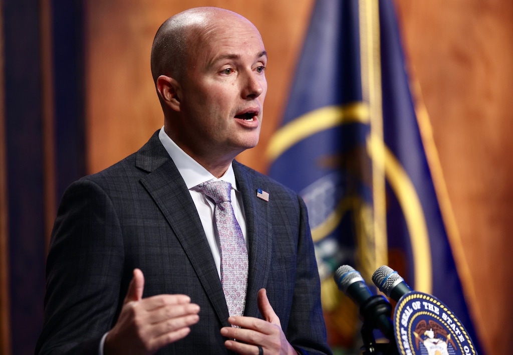 Gov. Spencer Cox holds his monthly news conference at PBS Utah in the Eccles Broadcast Center in Salt Lake City, Thursday, March 16, 2023.