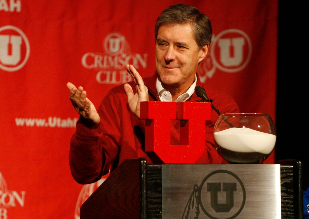 (Scott Sommerdorf  |  Tribune File Photo)  Utah athletic director Chris Hill applauds for the Utes' 12-0 season as he opens the BCS announcement party held at Rice-Eccles Stadium, Sunday, December 7, 2008.