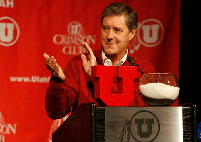 (Scott Sommerdorf  |  Tribune File Photo)  Utah athletic director Chris Hill applauds for the Utes' 12-0 season as he opens the BCS announcement party held at Rice-Eccles Stadium, Sunday, December 7, 2008.