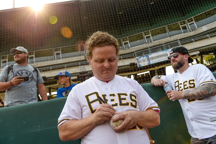 (Francisco Kjolseth  |  The Salt Lake Tribune)  Ham (Patrick Renna) signs a baseball for a young fan along with other members of the Utah-filmed "The Sandlot" as the Salt Lake Bees celebrate the 25th anniversary of the film with members of the original cast at the Smith's Ballpark on Friday, Aug. 10, 2018.