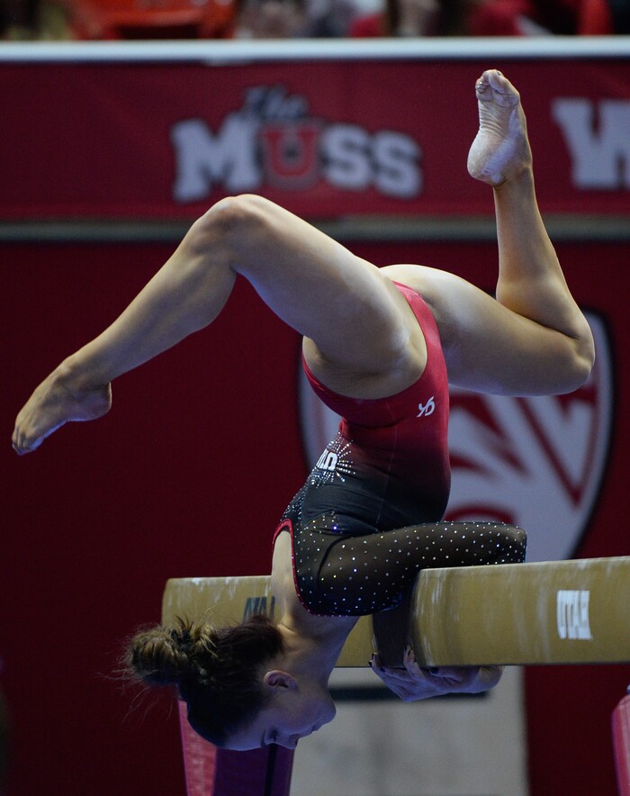 (Francisco Kjolseth  |  The Salt Lake Tribune)  Adrienne Randall performs on the balance beam as Utah hosts Penn State in their season opener at the Huntsman Center in Salt Lake City on Saturday, Jan. 5, 2019.