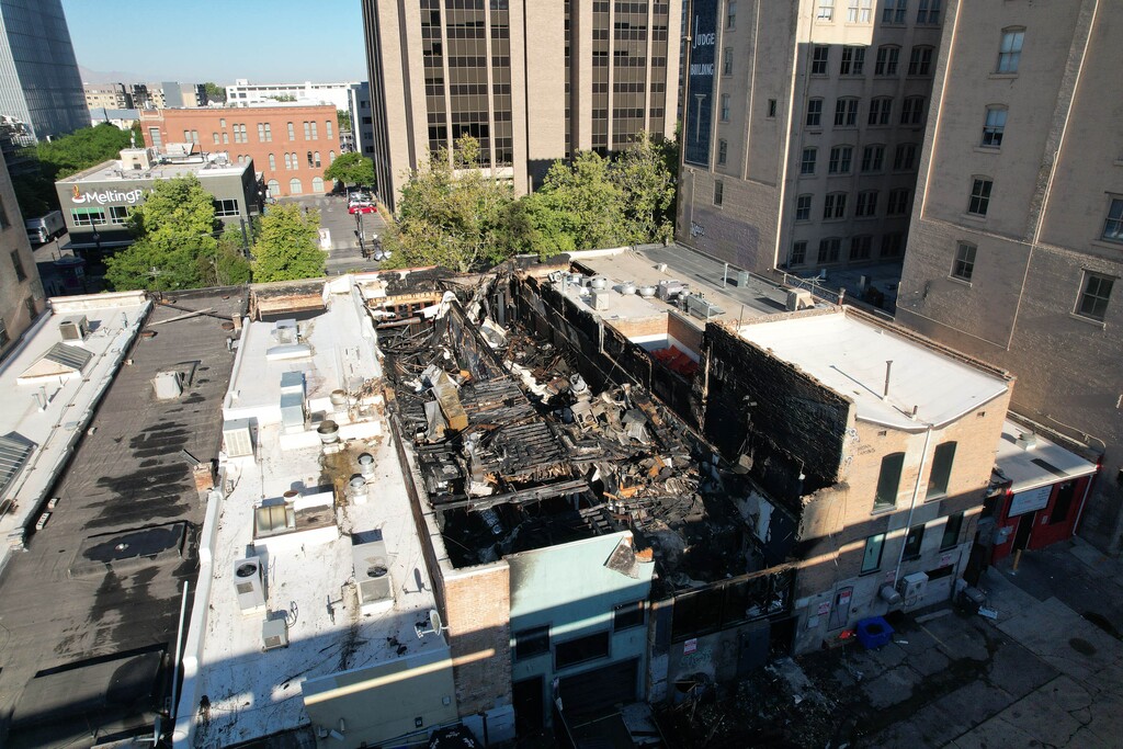 (Francisco Kjolseth | The Salt Lake Tribune) A fast moving fire on Monday on Main Street in Salt Lake City causes catastrophic damage to the businesses of London Belle, Whiskey Street, White Horse and Los Tapatios, Tuesday, Aug. 12, 2025.