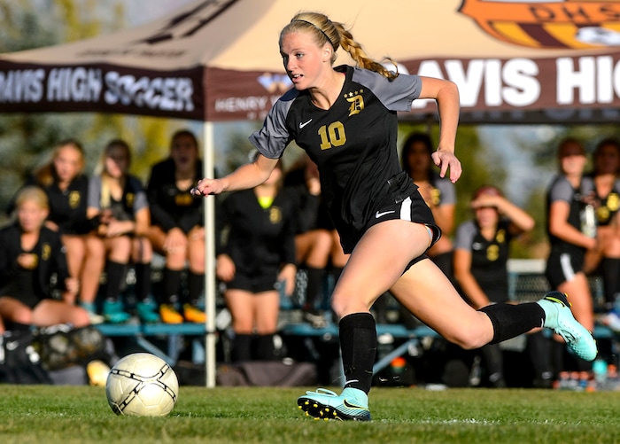 (Steve Griffin  |  The Salt Lake Tribune)  Davis forward Sami Bates charges up the field during the Class 6A girls' soccer playoff game against Copper Hills at Copper Hills High School in West Jordan Tuesday October 10, 2017.