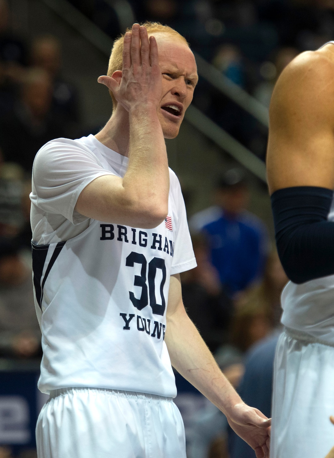 (Rick Egan  |  The Salt Lake Tribune)      Brigham Young Cougars guard TJ Haws (30), reacts after a hard foul, in WCC basketball action between Brigham Young Cougars and San Francisco Dons, at the Marriott  Center, Thursday, February 21, 2018.