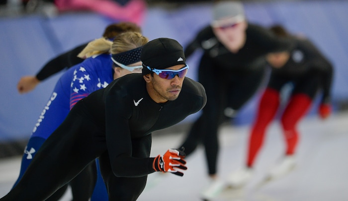 (Francisco Kjolseth | The Salt Lake Tribune) Stephen Paul, a speedskater from India, left, works out with other athletes from multiple countries during a recent training session at the Kearns Olympic Oval. Paul is trying to become the first person ever from his country in his sport to qualify for the Winter Olympics in PyeongChang 2018, South Korea. Training 6-8 hours a day, 6-days a week, Paul moved to Salt Lake City four and half years ago to train.