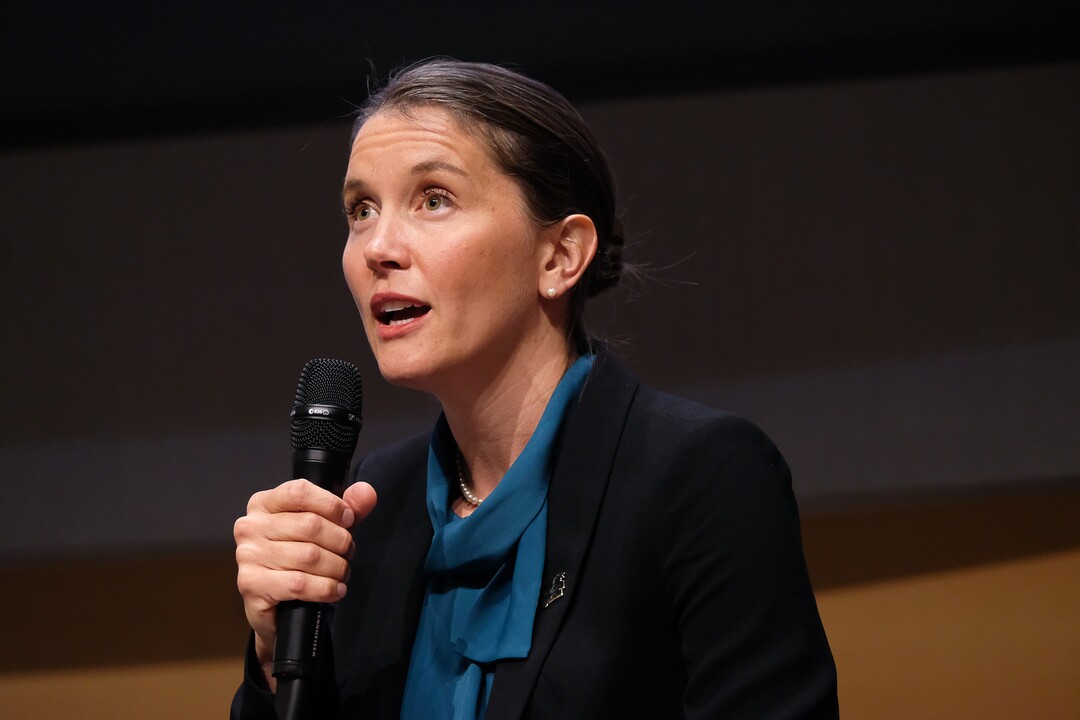 (Francisco Kjolseth  |  The Salt Lake Tribune)  Erin Mendenhall addresses the crowd during a debate for Salt Lake City mayor at the Salt Lake City Library on Wed. June 26, 2019.