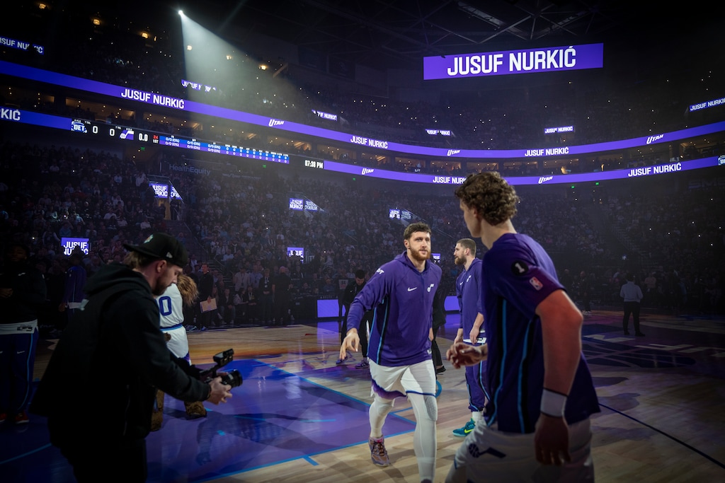 (Rick Egan | The Salt Lake Tribune) Utah Jazz center Jusuf Nurkic (30) is introduced before NBA action between the Utah Jazz and the Detroit Pistons at the Delta Center, on Friday, Dec. 26, 2025.