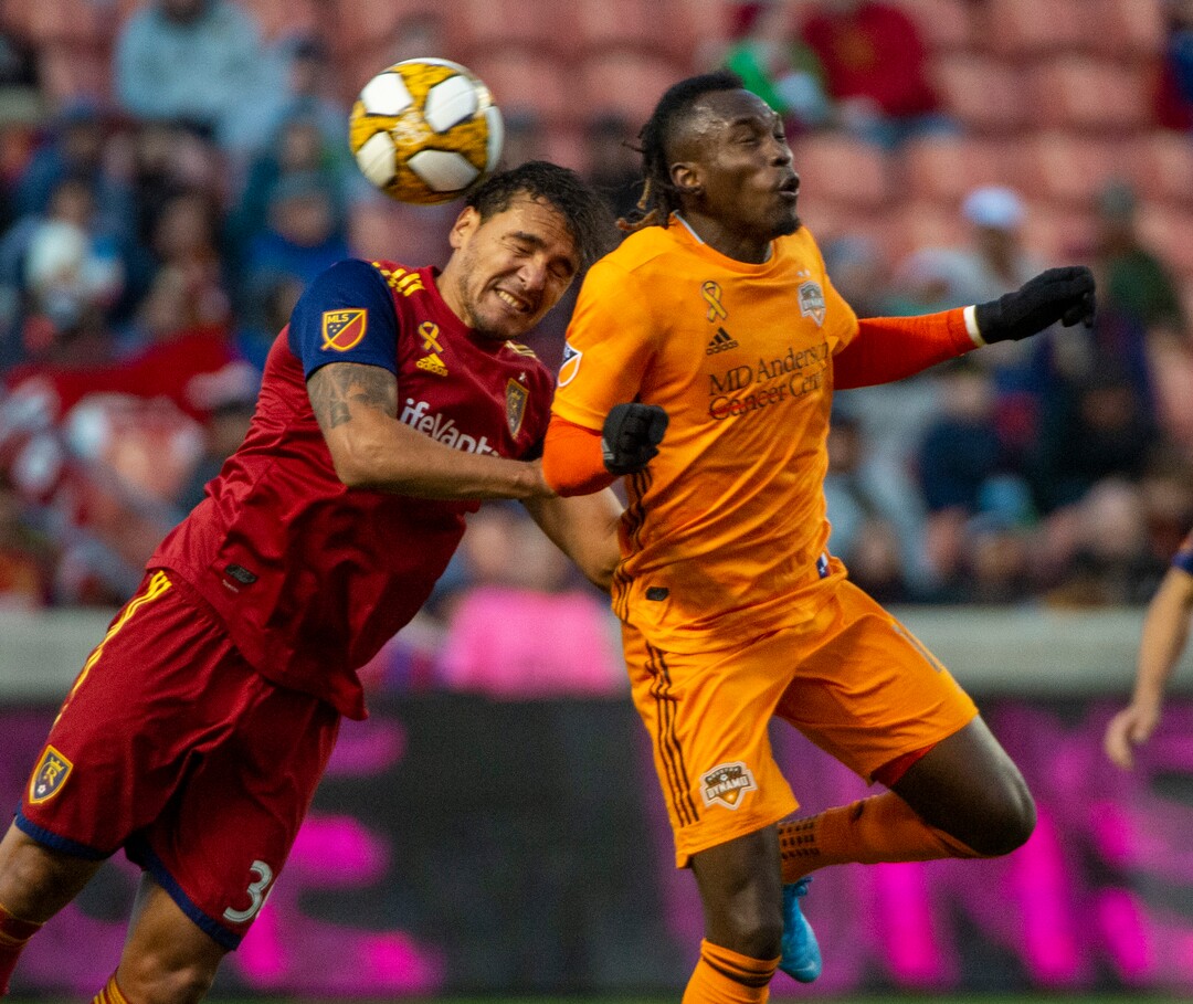 (Rick Egan  |  The Salt Lake Tribune)      Real Salt Lake defender Marcelo Silva (30) collide with Houston Dynamo midfielder DaMarcus Beasley (7), in MLS soccer action, between Real Salt Lake and Houston Dynamo, at Rio Tinto Stadium, Sunday, Sept. 29, 2019.