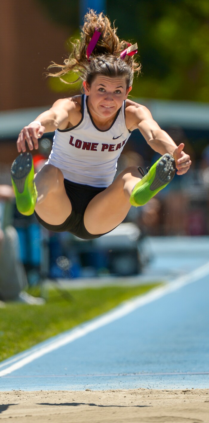 (Leah Hogsten | The Salt Lake Tribune) Lone Peak's Mandy Beus came in 6th in the 6A Girls' Long Jump with a distance of 16' 8" at the 2018 Utah UHSAA State Track and Field Championships at Clarence Robison Track on the campus of Brigham Young University in Provo, Thursday, May 17, 2018.