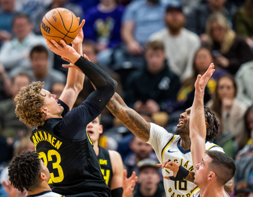(Rick Egan | The Salt Lake Tribune)  Utah Jazz forward Lauri Markkanen (23) shoots over Indiana Pacers forward James Johnson (16), in NBA action between the Utah Jazz and the Indiana Pacers at the Delta Center, on Monday, Jan. 15, 2024.