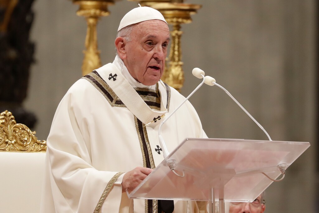 AP Photo/Alessandra Tarantino) Pope Francis celebrates Christmas Eve Mass in St. Peter's Basilica at the Vatican, Tuesday, Dec. 24, 2019. (