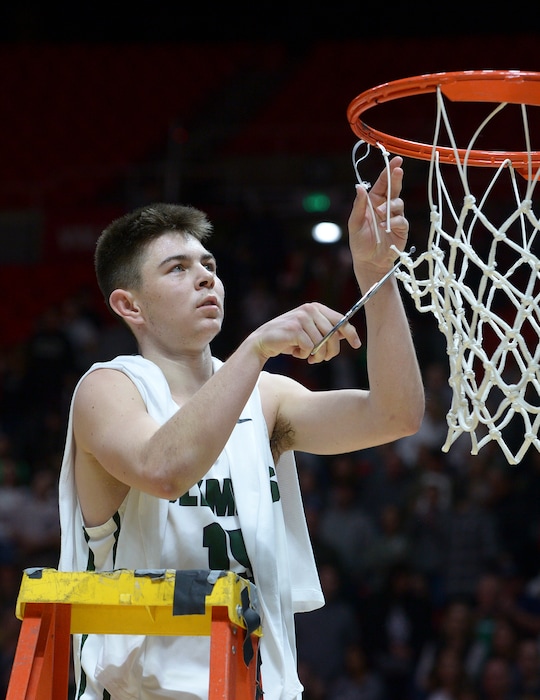 (Leah Hogsten  |  The Salt Lake Tribune) Olympus' Rylan Jones (15) had 24 points and 6 rebounds in the game. Olympus defeated Corner Canyon 76-49 to win the 5A High School Boys’ Basketball Tournament Championship at the Jon M. Huntsman Center in Salt Lake City,  Saturday, March 3, 2018. 