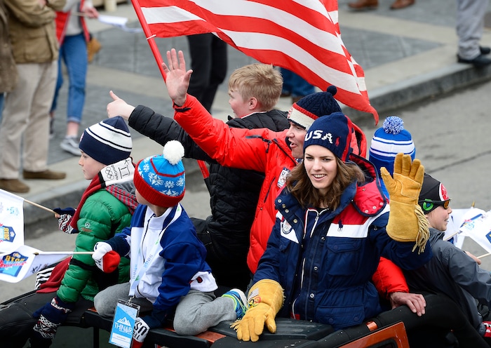 Scott Sommerdorf | The Salt Lake Tribune
Nordic Ski Jumper, Abby Ringquist waves as she rides in Park City's Olympic and Paralympic parade down Main Street, Friday, April 6, 2018. The parade celebrates the accomplishments of Park City-based Olympians. Local athletes wrapped up the PyeongChang Winter Games by earning one silver and two bronze medals.