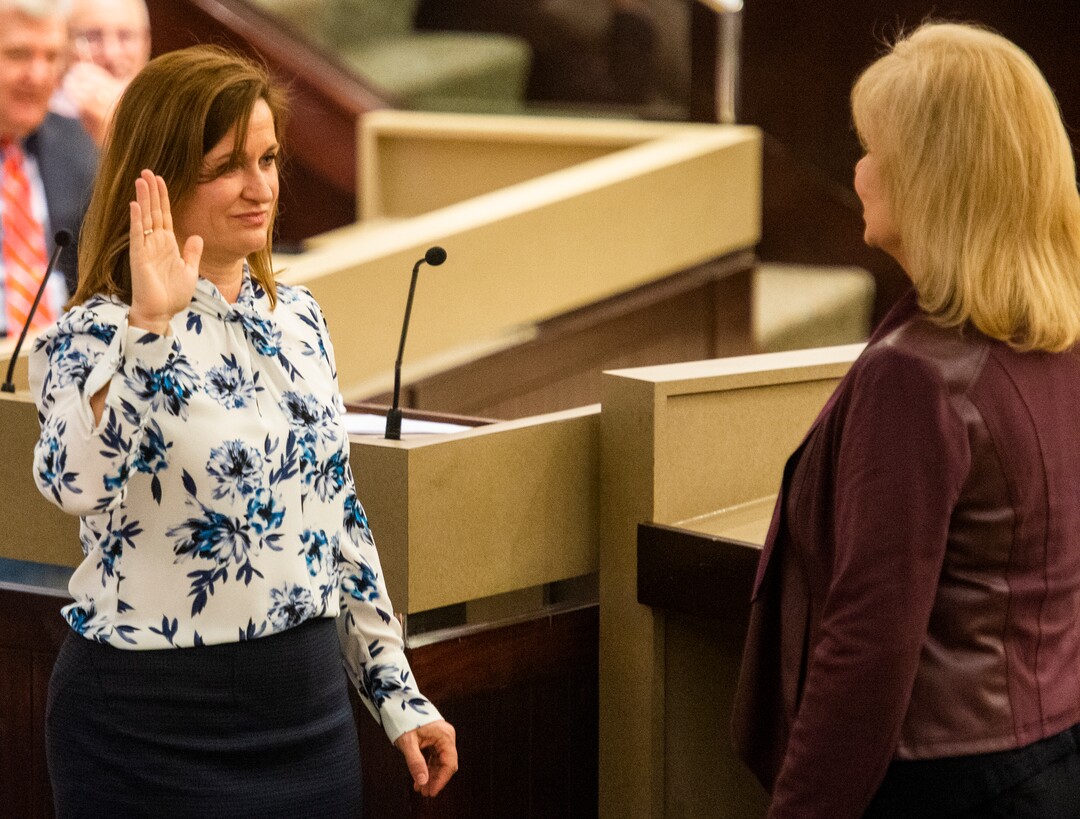 (Rick Egan  |  The Salt Lake Tribune)     Jenny Wilson is sworn in as the new Salt Lake County Mayor by Salt Lake County Clerk, Sherrie Swensen, Tuesday, Jan. 29, 2019.