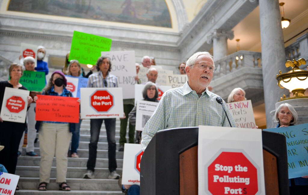 (Chris Samuels | The Salt Lake Tribune) Stan Holmes speaks at a rally before a meeting of the Utah Inland Port Authority board at the State Capitol, Thursday, May 11, 2023.