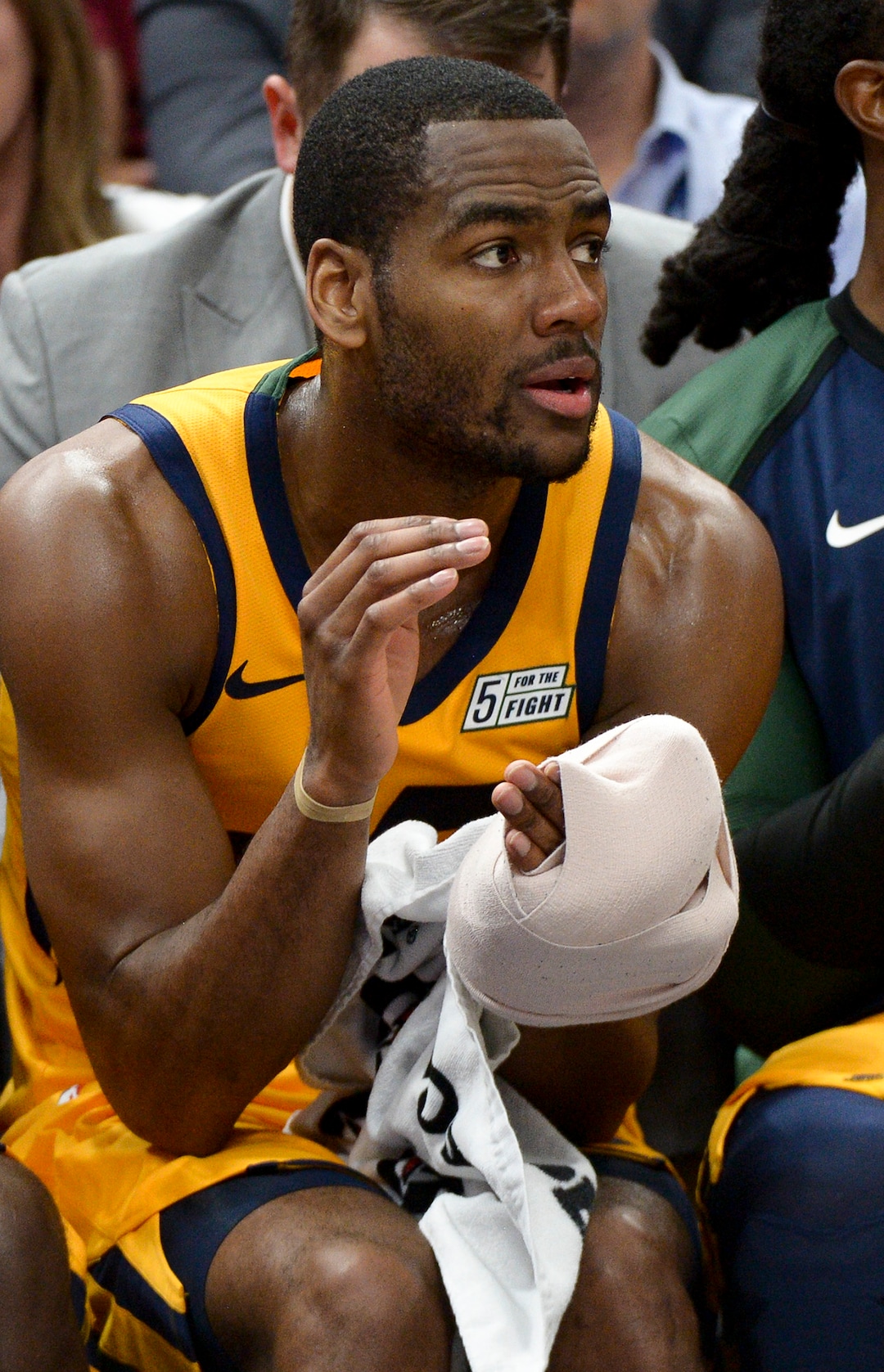 Leah Hogsten  |  The Salt Lake Tribune  Utah Jazz guard Alec Burks (10) gets his hand wrapped in ice after coming off the court as the Utah Jazz lose to the Toronto Raptors, 111-124, Monday, Nov. 5, 2018 at Vivint Smart Home Arena.