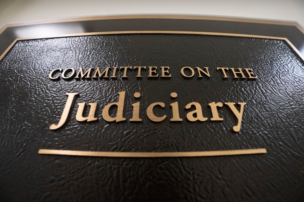 The office of the House Judiciary Committee is seen as special counsel Robert Mueller makes his first public statement on the Russia investigation amid demands for Mueller to testify on Capitol Hill about his findings and tension with Attorney General William Barr over the handling of his report, on Capitol Hill in Washington, Wednesday, May 29, 2019. (AP Photo/J. Scott Applewhite)