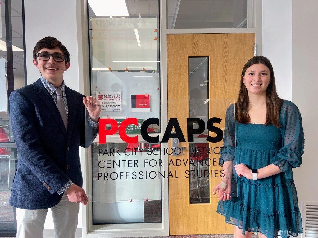(Kristine Weller | KPCW) Park City High School students Garrett Moreno, left, and Taylor Bergman worked on developing critical thinking-based history games through the Park City Centers for Advanced Professional Studies, or PCCAPS, program.