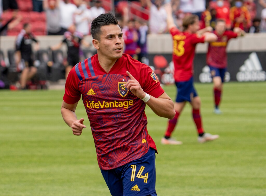 (Rick Egan | The Salt Lake Tribune)  Salt Lake forward Rubio Rubin (14) reacts after scoring his second goal of the day for Real Salt Lake, in MLS action between Real Salt Lake and Sporting Kansas City at Rio Tinto Stadium, on Saturday, May 1, 2021. Rubin has emerged as a budding star for RSL in the early part of the 2021 season.