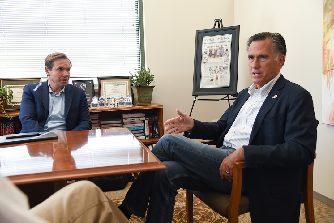 (Francisco Kjolseth  |  The Salt Lake Tribune)   Sen. Mitt Romney speaks with the editorial board of the Salt Lake Tribune on Wednesday, Aug. 21, 2019. At left is Tribune publisher Paul Huntsman.