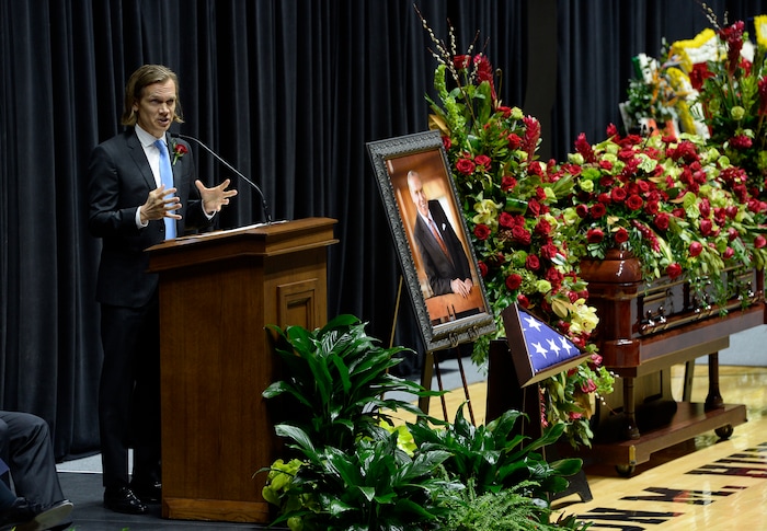Scott Sommerdorf | The Salt Lake Tribune
James Huntsman speaks at the funeral services for his father, Jon M. Huntsman, Sr., Saturday, February, 10, 2018. 

