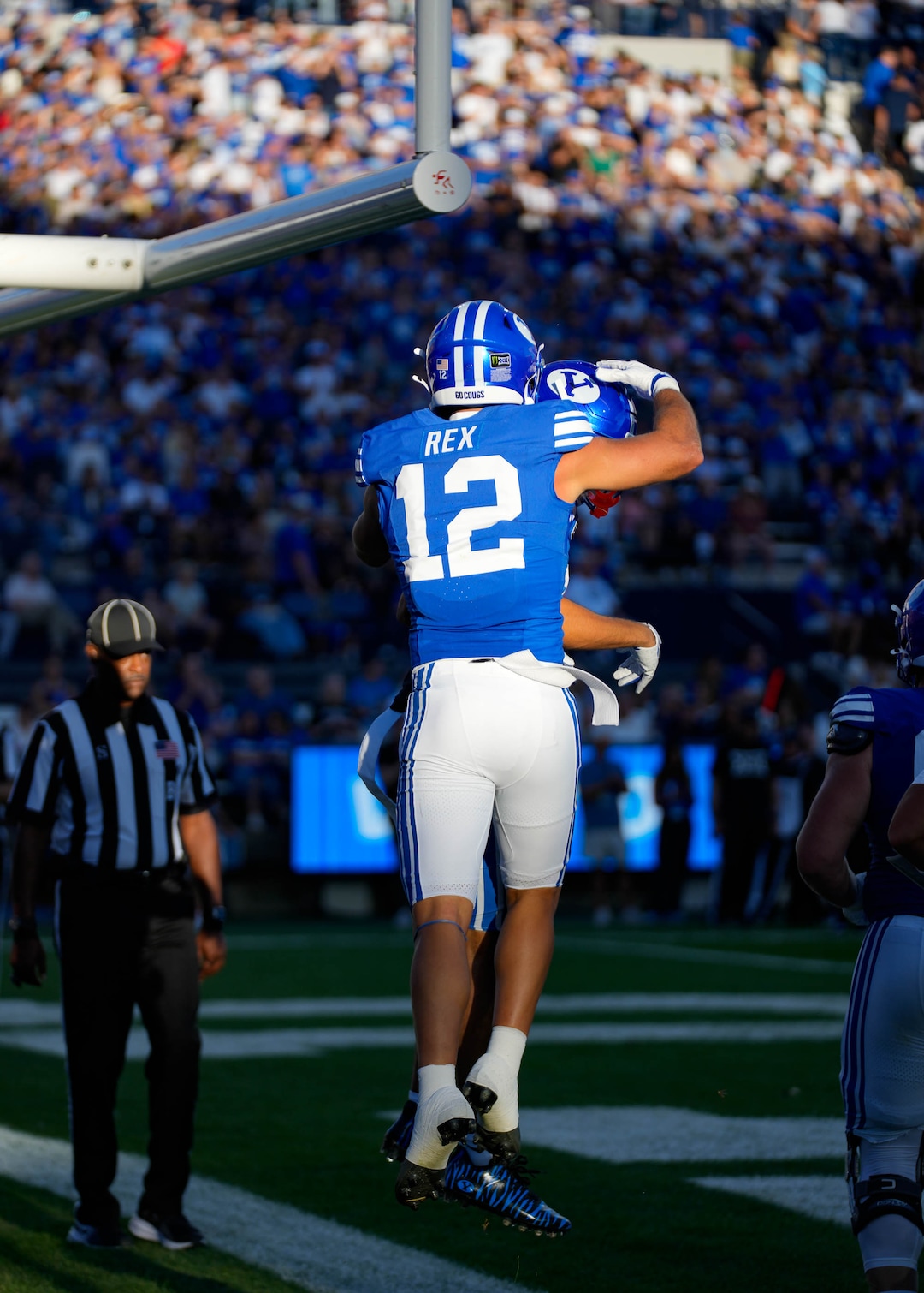 (Francisco Kjolseth | The Salt Lake Tribune) BYU Cougars running back Preston Rex (12) celebrates a touchdown during the first half of an NCAA college football game against Utah Tech, Saturday, Sept. 5, 2026, at LaVell Edwards Stadium in Provo.