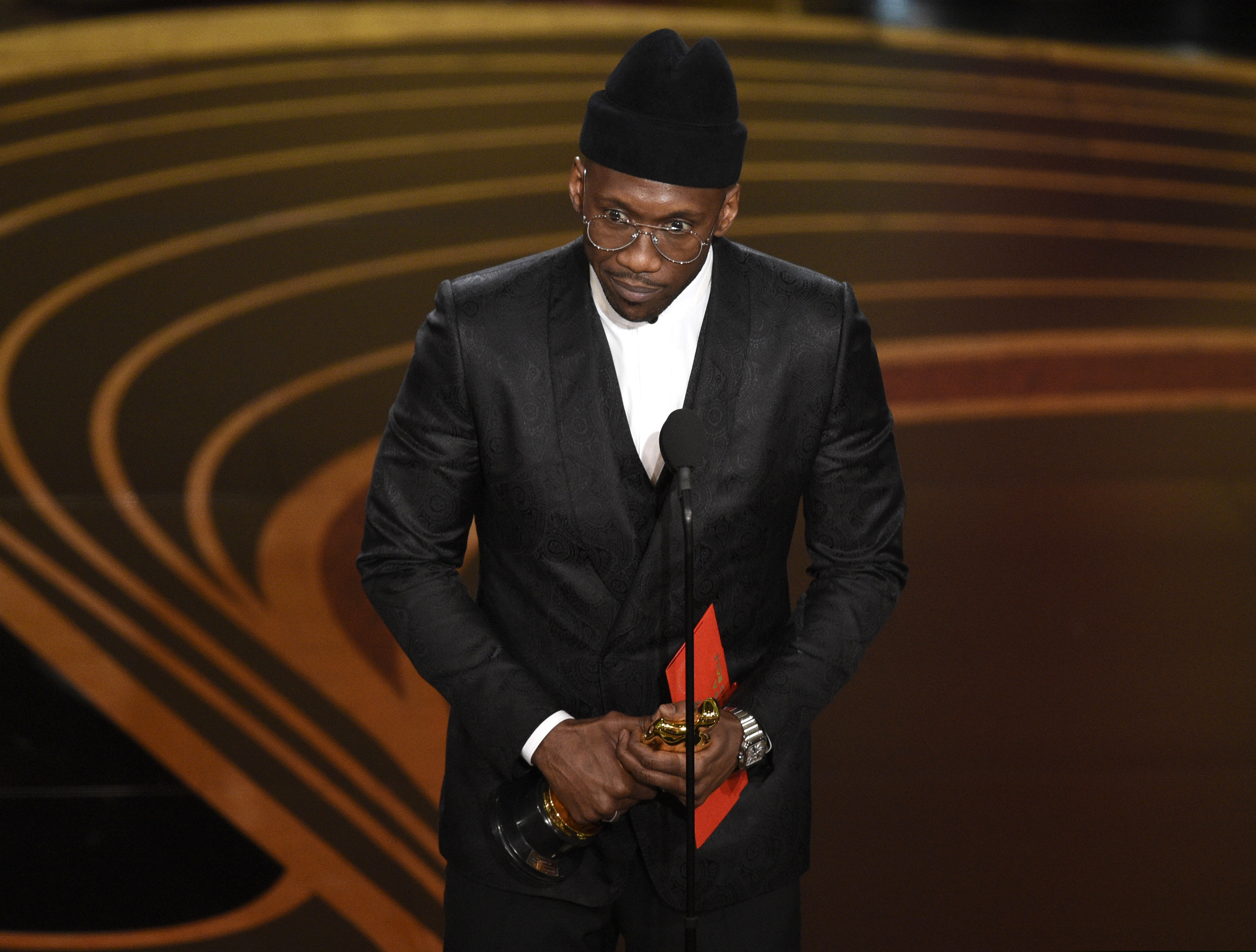 Mahershala Ali accepts the award for best performance by an actor in a supporting role for "Green Book" at the Oscars on Sunday, Feb. 24, 2019, at the Dolby Theatre in Los Angeles. (Photo by Chris Pizzello/Invision/AP)