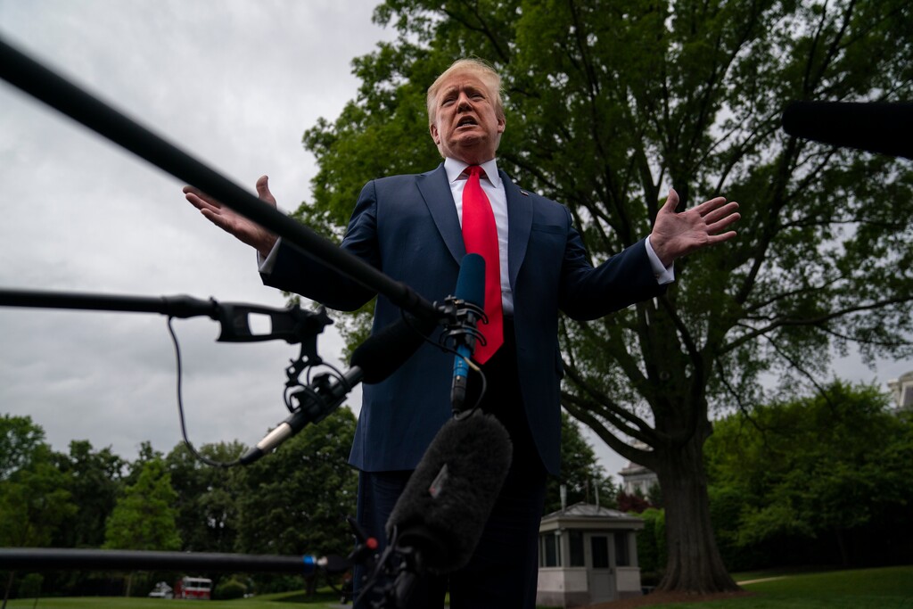 (Evan Vucci | AP file photo)  President Donald Trump talks to reporters before departing the White House for a trip to Michigan, Thursday, May 21, 2020, in Washington.
