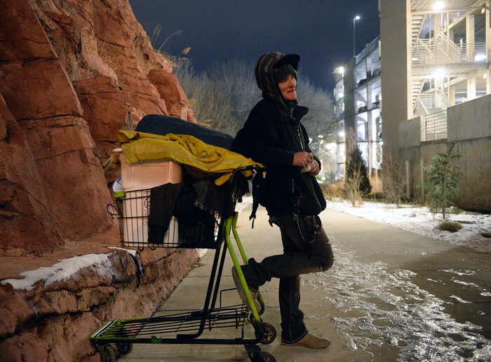 (Al Hartmann | The Salt Lake Tribune) Tammy, who said that she's been homeless for the past 13 years, was pushing her shopping cart up a walkway in Sugar House when she met with volunteers who were counting homeless people for the annual Point In Time survey in Salt Lake City at 5 a.m. Thursday, Jan. 25, 2018.
