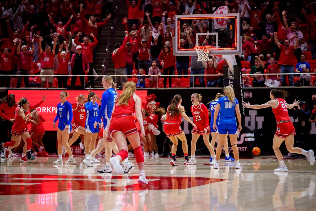 (Trent Nelson  |  The Salt Lake Tribune) Utah Utes guard Matyson Wilke (23) celebrates her game-winning shot as Utah hosts BYU, NCAA basketball in Salt Lake City on Saturday, March 1, 2025.